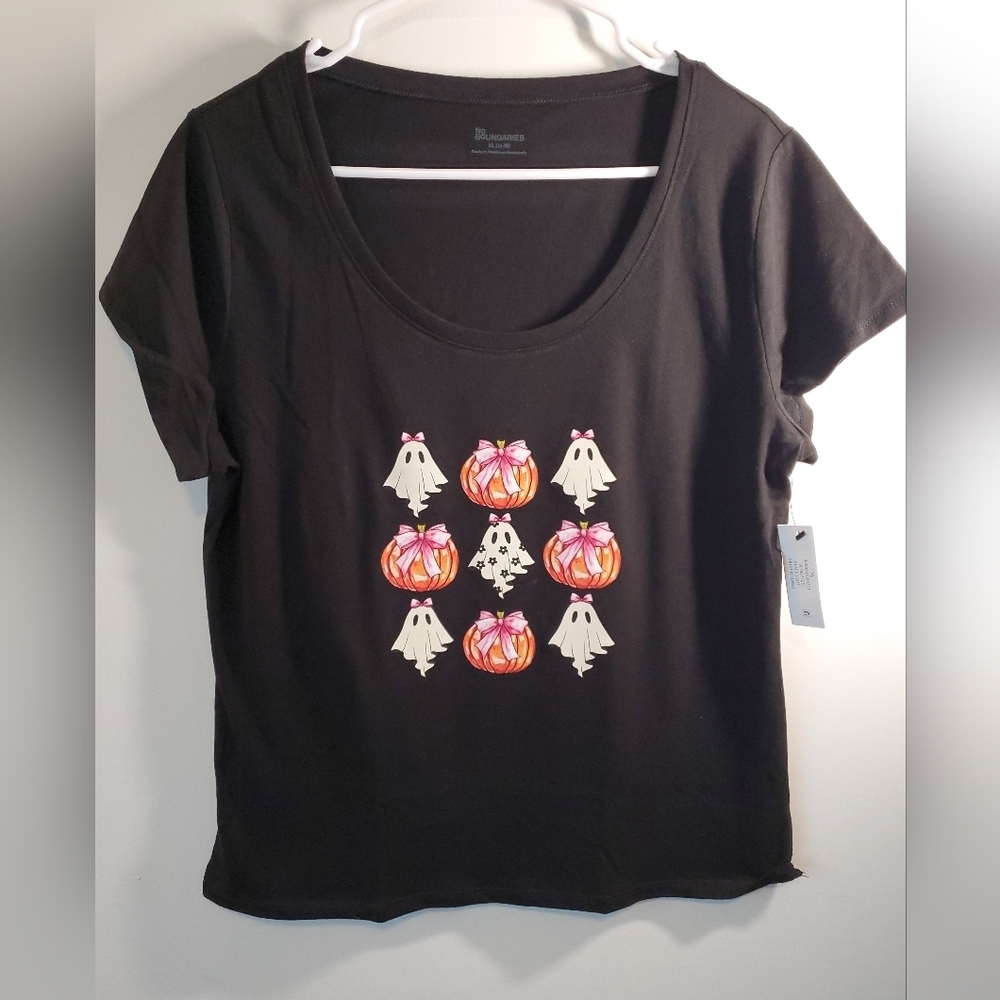 Bow And Ghost Black Halloween Graphic Tee Size Fitted X Large